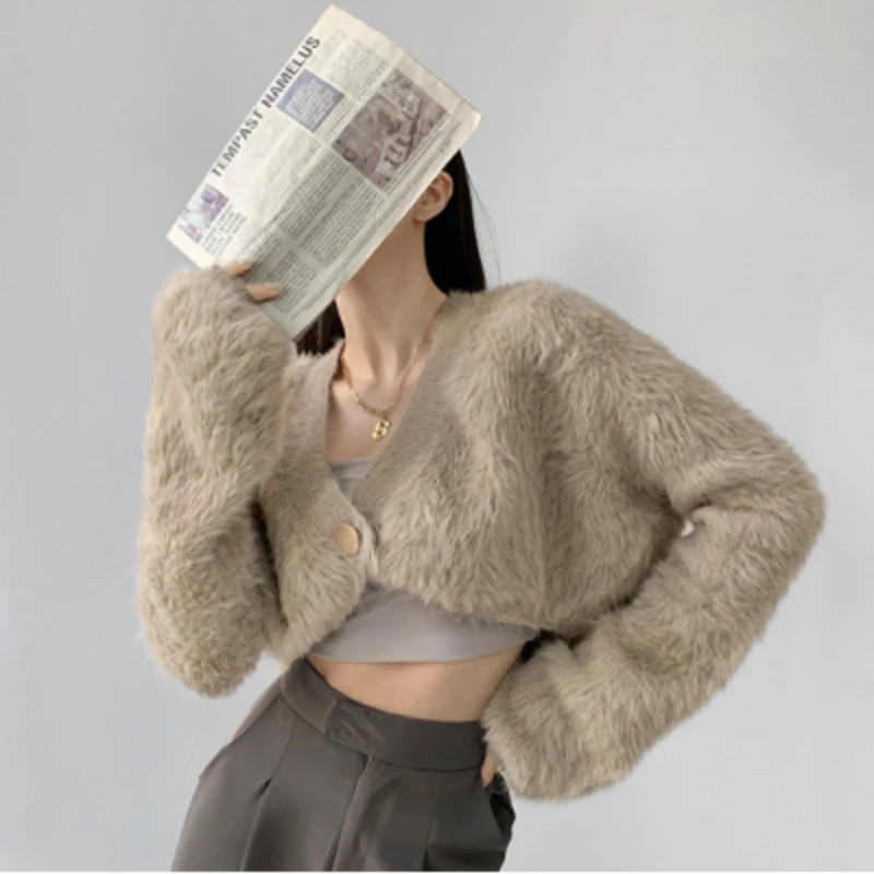 

New Fashion Short V-neck Solid Color Long-sleeved Sweater Cardigan Sweater Winter Clothes Women Korean Fashion Vintage