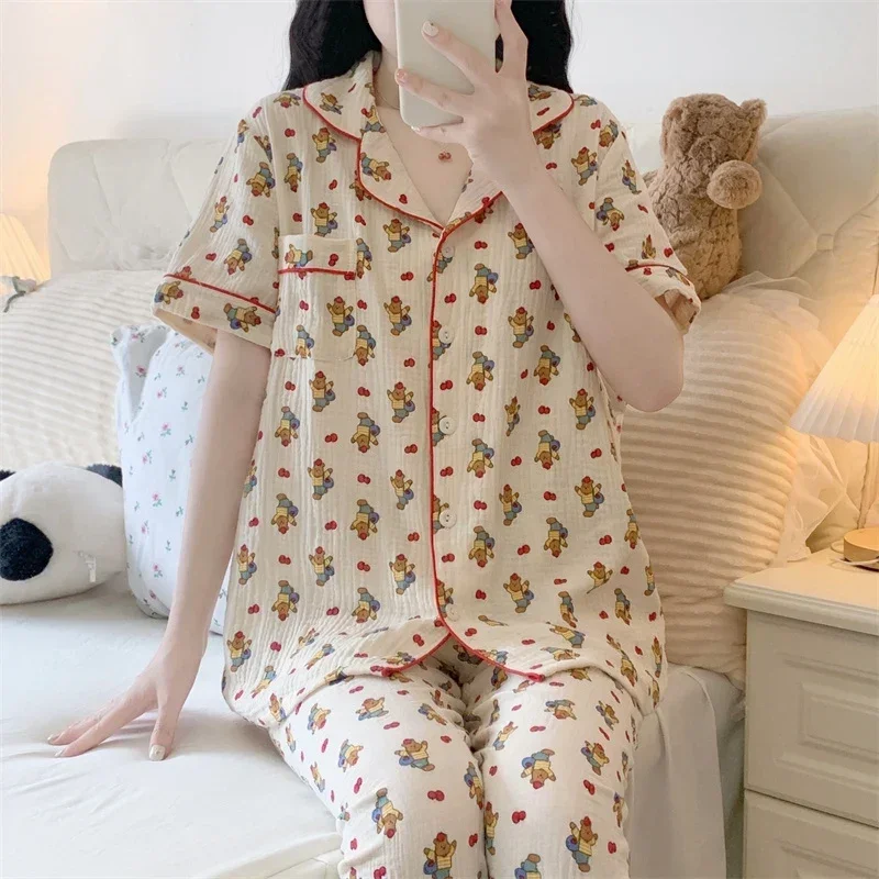 2023 New Summer Cotton Print Short Sleeve Long Pants Pajama Sets For Women Korean Sleepwear Pyjama Homewear Pijama Mujer Clothes