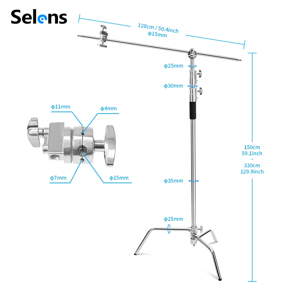 Selens 330cm C-Stand Rotatable Anti-slip Stainless Steel Light Stand Backdrop Tripod Photo Studio Kits Softbox Photography Stand