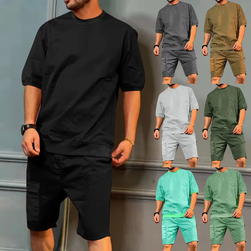 

Summer Men's Sports Multi-pocket Tracksuits Casual Round Neck Short Sleeve And Shorts Two Piece Sets Men Soild Suits Outfits