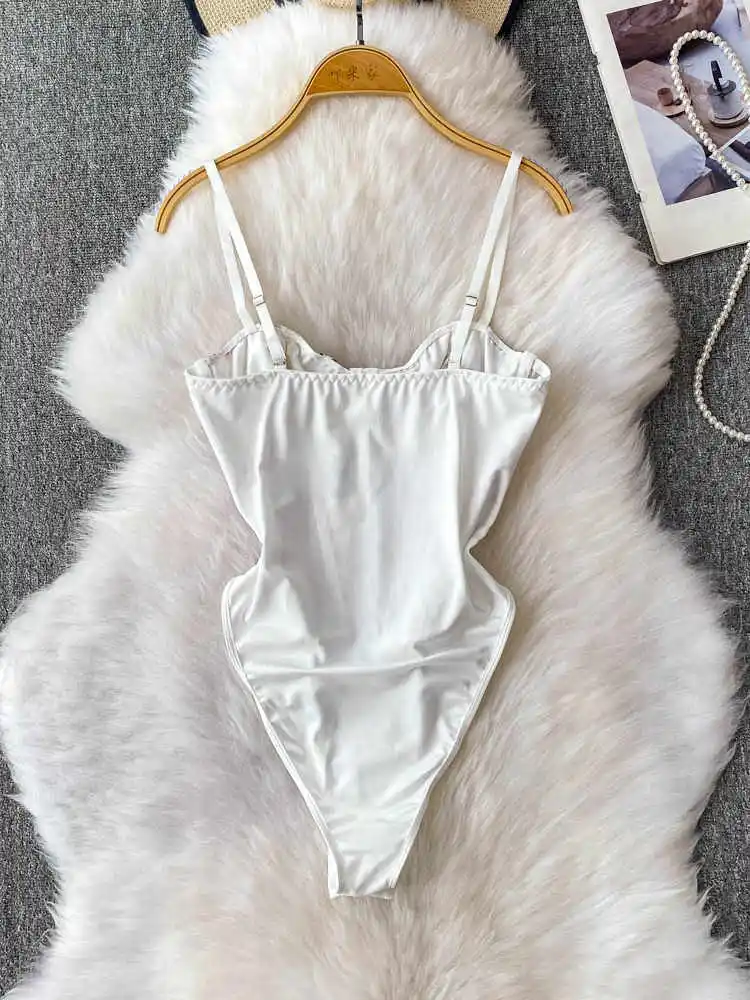 Women's White Skinny Lace Playsuits Vintage V-Neck Overall Flower Print Jumpsuits Elegant Exotic Sexy Rompers Coquette Clothing