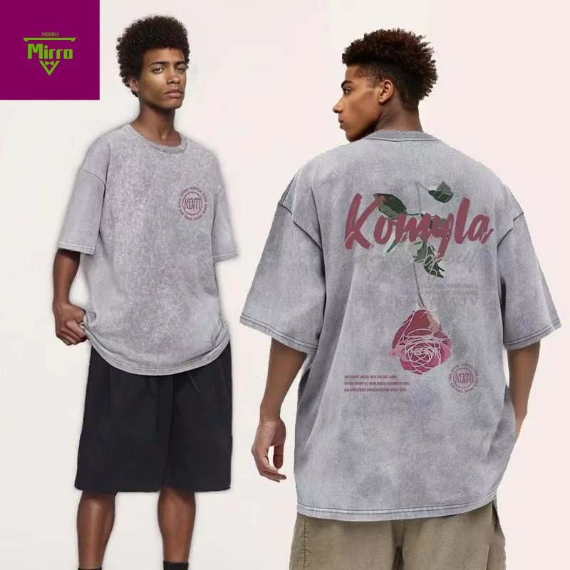 

【Mirrordust】 Тяжелая мужская стираная рубашка с короткими рукавами и круглым вырезом в стиле ретро, свободная рубашка в стиле хип-хоп с заниженными плечами в американском стиле