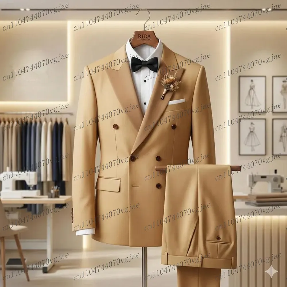 

New Champagne Men Suit Formal Occasion Wedding Party Groom Groomsman Business Prom Male Tuxedos 2 Piece Set Jacket Pants