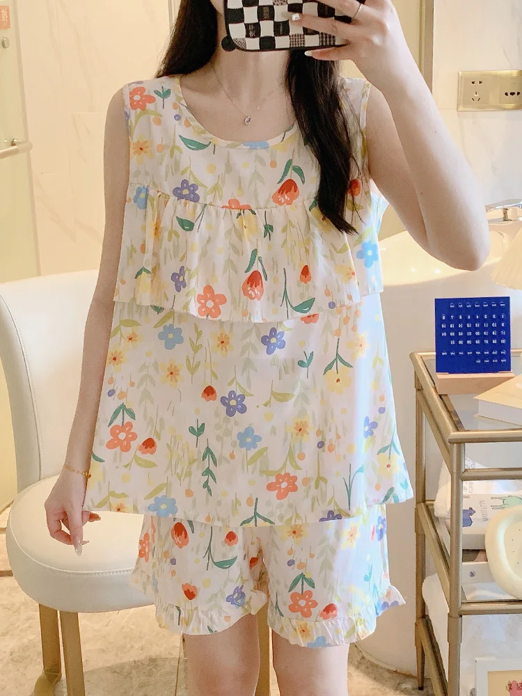 

Summer Thin Cotton Silk Spwear Women's Nightgown orts Svel Set Cool Feeling Home Clothes without Chest Pad
