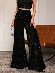 Women's Casual Loose Wide Leg Pants Elastic Band High Waist Sequin Trousers Fashion Streetwear