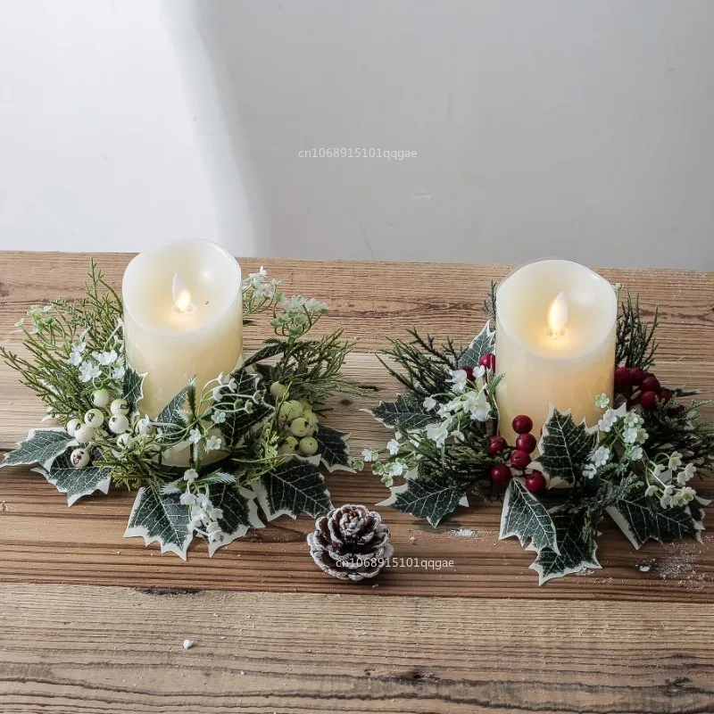 1pcs New Christmas Candlestick Wreath Artificial Berry Garland Candle Ring Xmas Table Decoration Fake Leaves Wreath for Holder