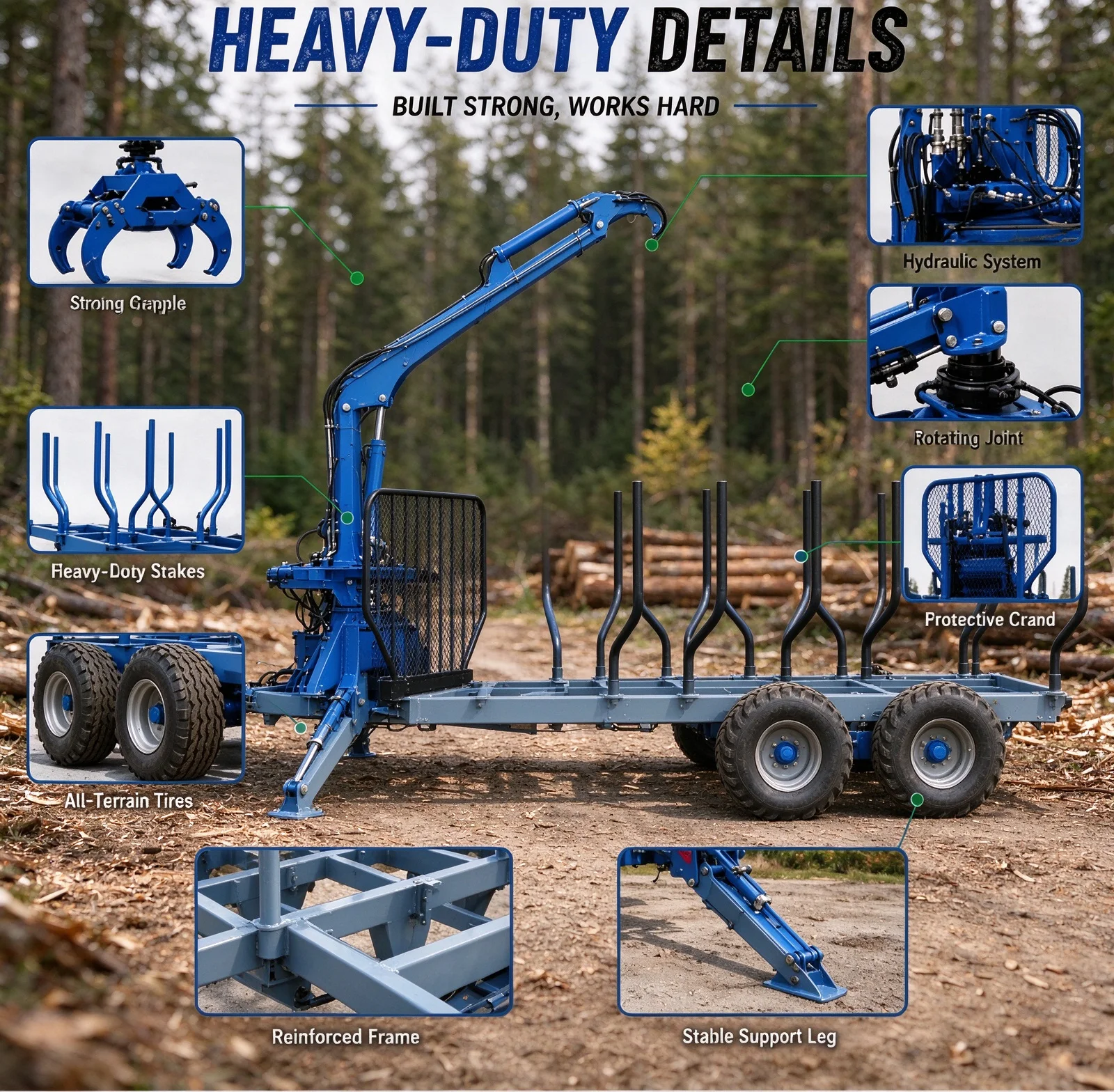 Logging Timber Trailer with 360° Rotating Hydraulic Grapple, Heavy Frame Stabilizer Legs for ATV Wood Hauling