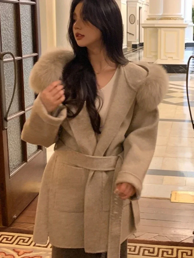 2025년 신상 가을 겨울 패션 후드 리얼 폭스 퍼 울 혼방 재킷 여성 상의 따뜻한 캐시미어 울 코트