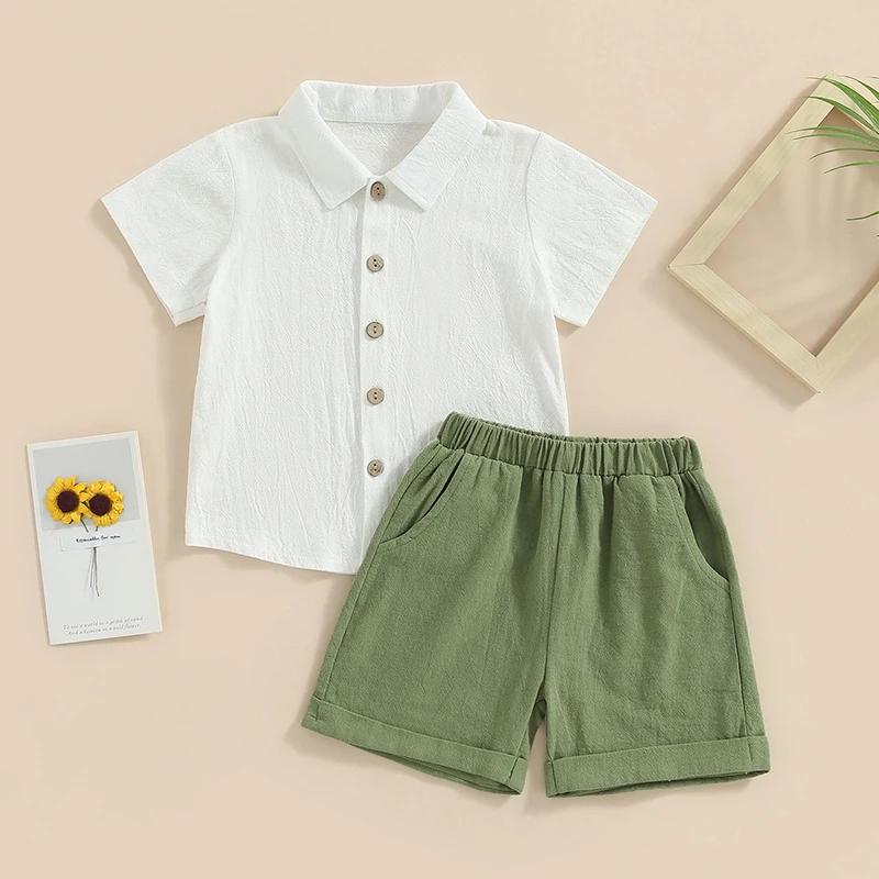 Toddler Baby Boy Cotton Linen Outfits Short Sleeve Button Down Lapel Shirt Shorts Set 2Pcs Summer Clothes