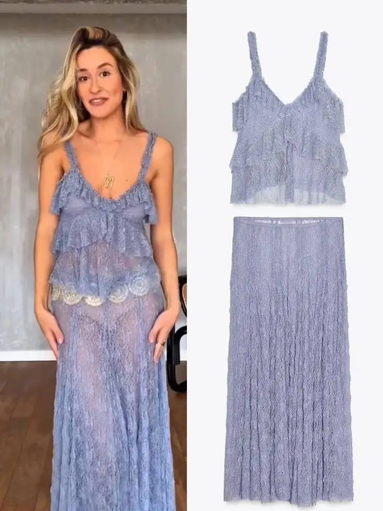 Fashion Floral Lace Maxi Skirts Sets For Women Chic Sleeveless Ruffle Cropped Vest High Waist Long Skirts Holiday Outfits YUG9