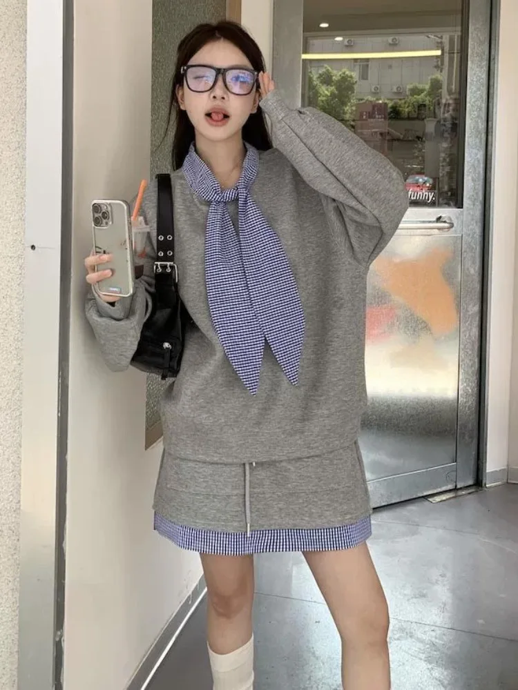 Mode Patchwork 2-delige set Dames Casual Plaid O-hals Lace-Up Conjuntos Trekkoord Hoge taille Korte rok Ensembles