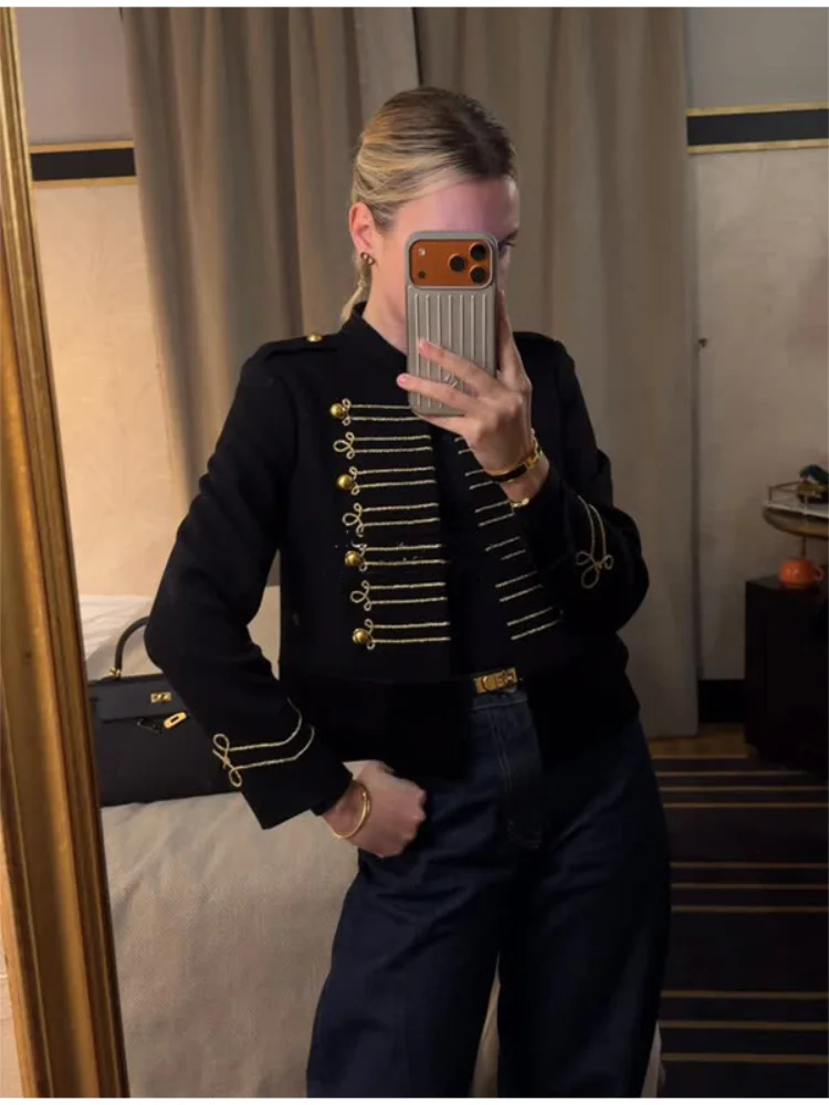 Black Short Baroque Jacket Women Elegant Stand Collar Pearl Buttons Military Jackets 2026 Spring Fashion Lady Daily Street Coat Black Short Baroque Jacket Women Elegant Stand Collar Pearl Buttons Military Jackets 2026 Spring Fashion Lady Daily Street Coat