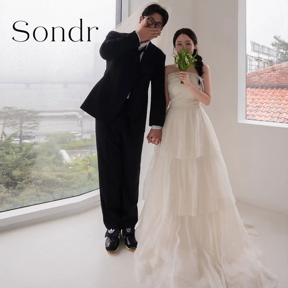 

Sondr Customized Strapless Tiered Korean Wedding Dresses Chic A Line Tulle Bridal Party Dresses Photo Shoot Gown