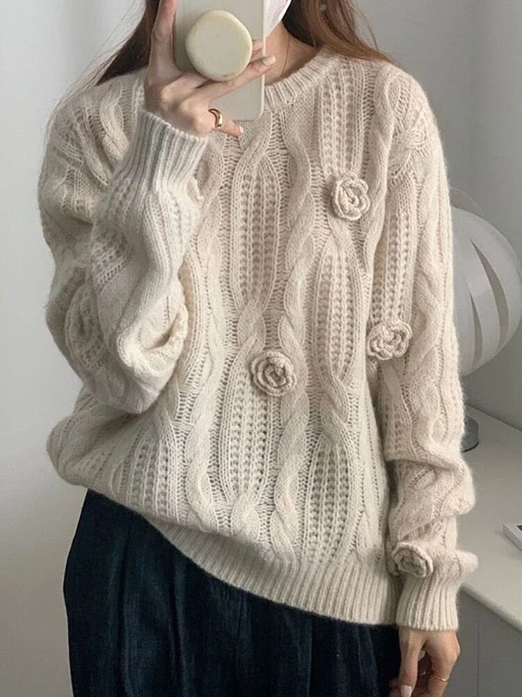 2024 Women Clothing Oversized Pullovers Tops O-neck Casual Jumper Chic 3D Floral Knitted Ribbed Vintage Sweater Sueter Mujer