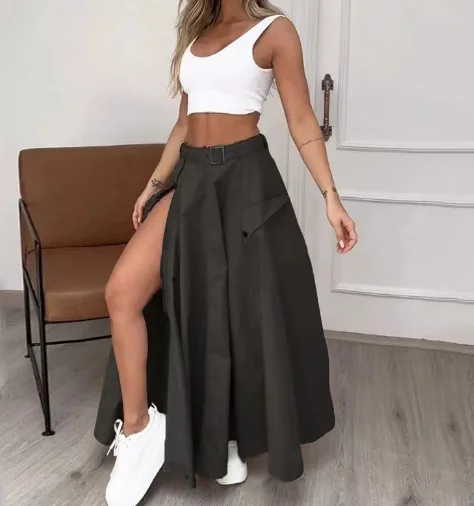 

Women Fashion Pocket Front Zipper Slit Slim High Waist Maxi Skirt Streetwear Casual Safari Solid Long Skirts