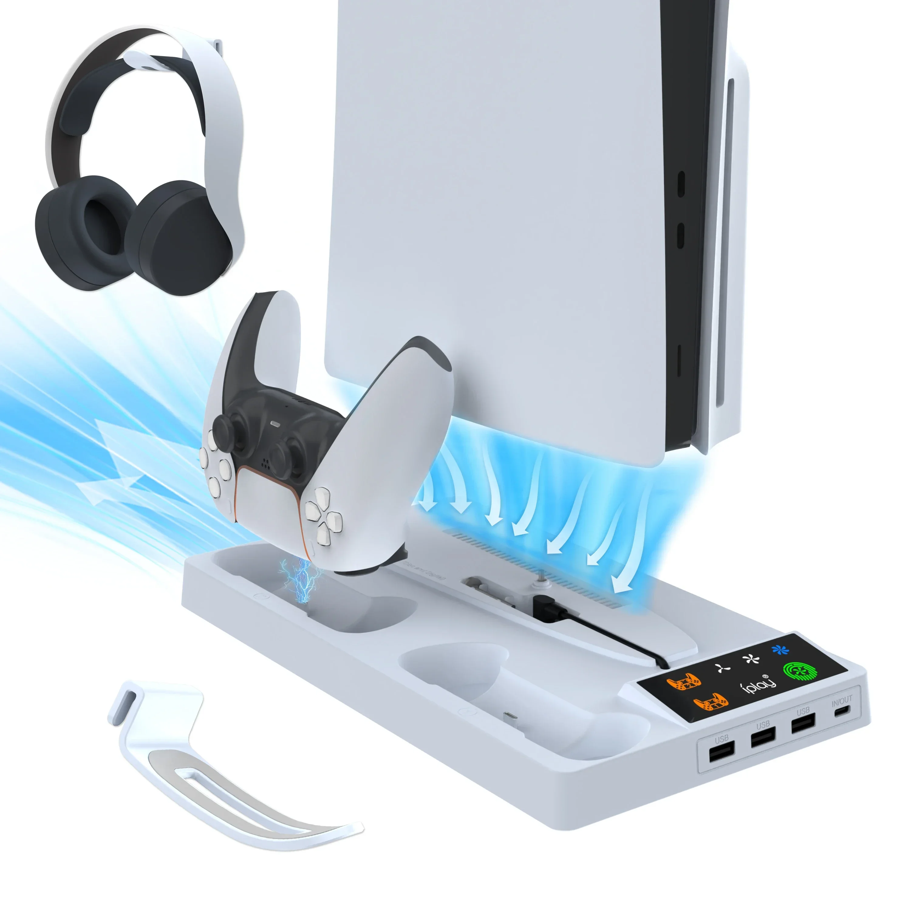 for IPLAY for PS5 Slim Multi Functional Cooling Base for PS5 Slim Controller Dual Charging Stand with Headphone Bracket Storage