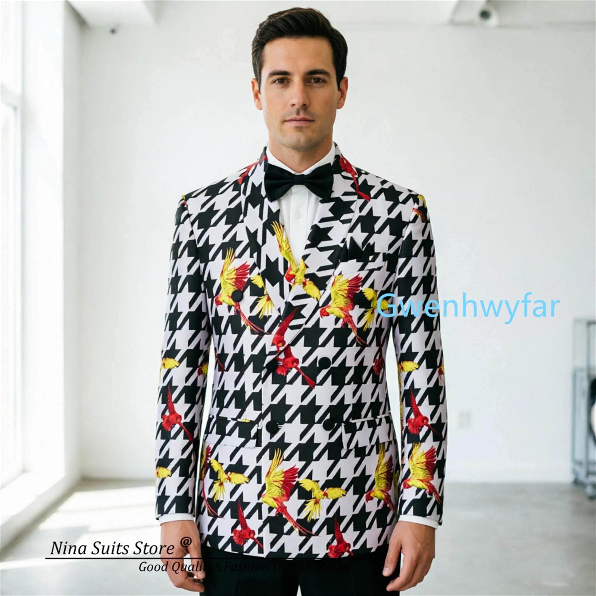 G&N A 3-piece Men Suits with Houndstooth Pattern Print, Featuring a Double Breasted Jacket and Vest paired with Black Pants