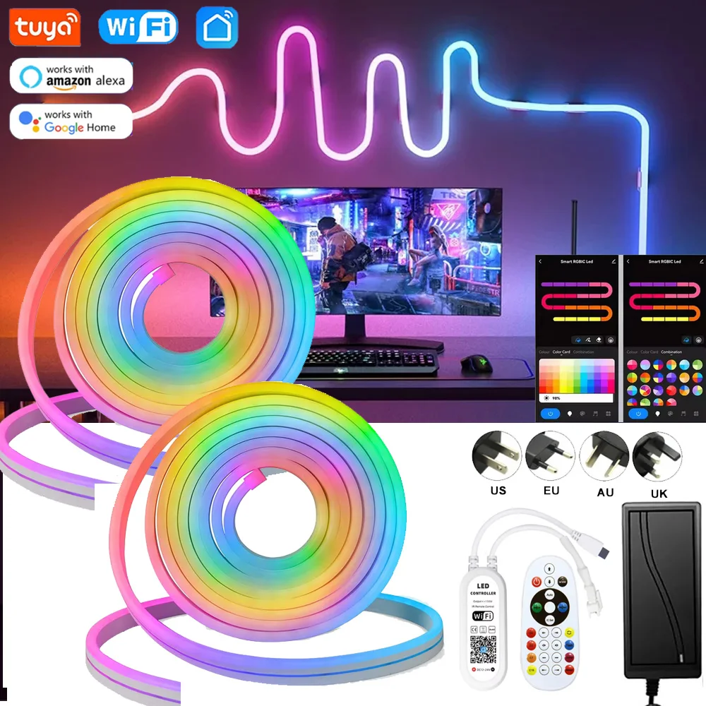 5M 10M TUYA Wifi LED Neon Strip 12V RGBIC Neon Rope Lights Flexible Tape Music Sync Dreamcolor Chasing Rope Bar Lamp Waterproof