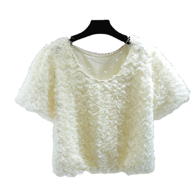 Summer Petal Tassel Blouse Women's Korean Style Round-Neck High Waist Short Solid Color Puff Sleeve Petal Top 2024