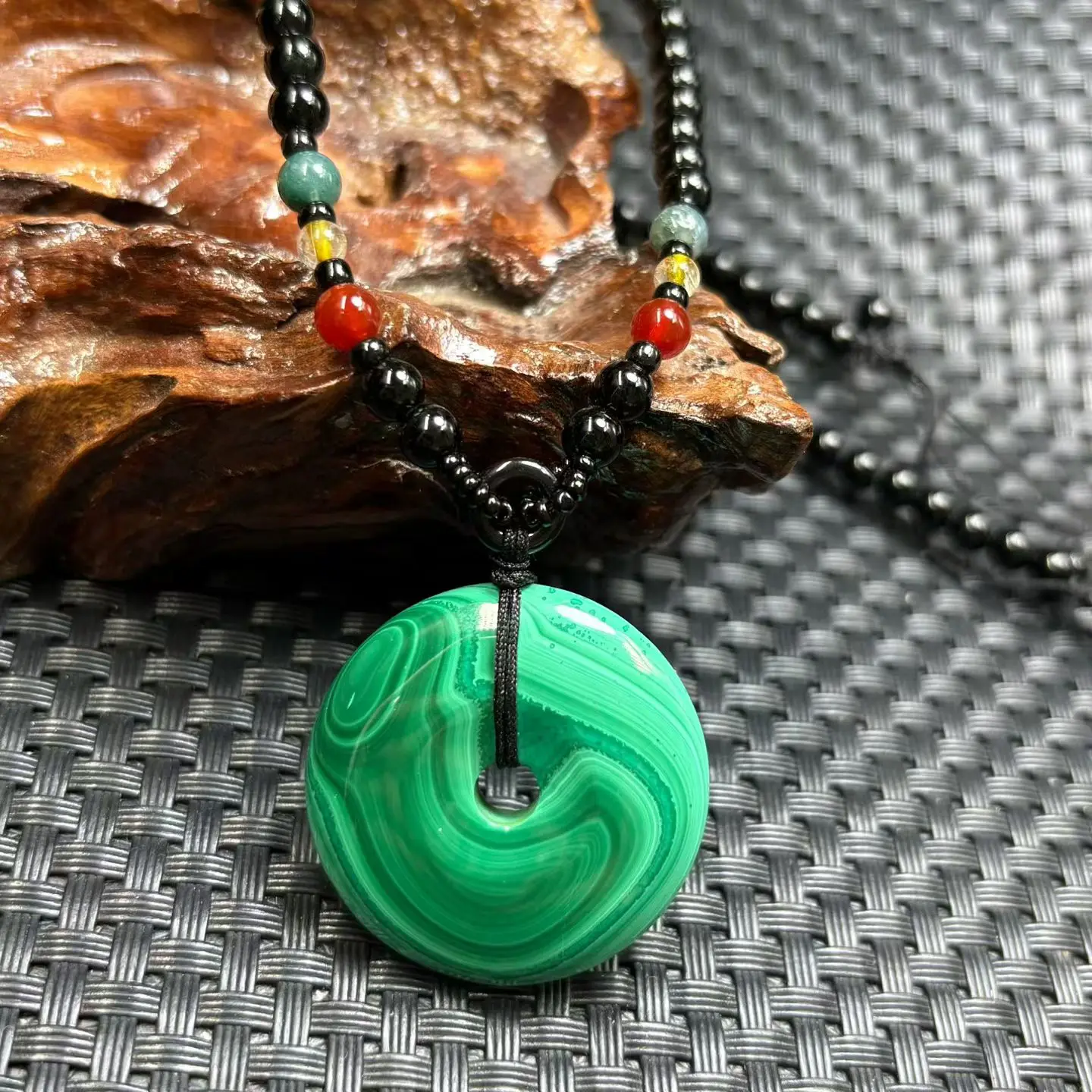 1 Pc Fengbaowu Natural Malachite Donut Pendant Black Agate Round Beads Necklace Reiki Healing Stone Jewelry Gift