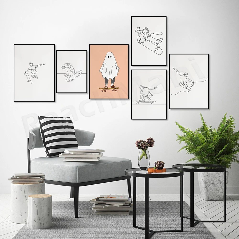 Minimalist skateboard line art, sports print, boy skating poster, simple sketch, black outline, gift for skateboarder lover