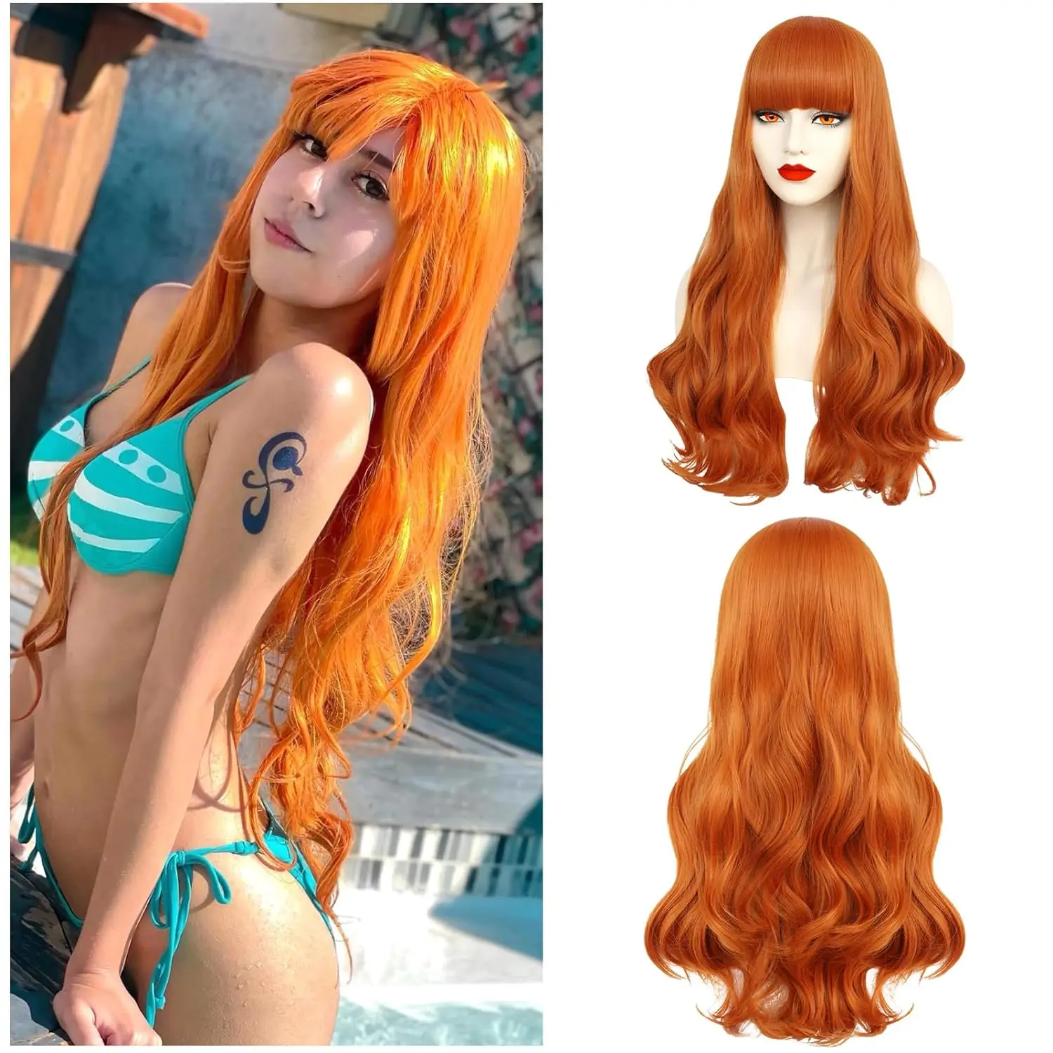 Orange Red Wig with Bangs Nami Wig Long Wavy Orange Wig for Women Girls Heat Resistant Synthetic Cosplay Party Costume Wig