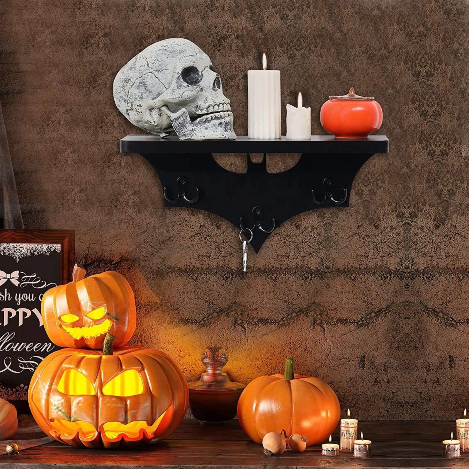 Halloween Black Bat Shelves Floating Wall Decor With Key Hooks For Halloween Household Pendant Goth-Themed Storage Shelves