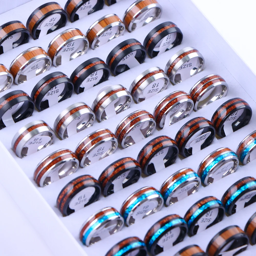 20Pcs/Lot Men's Casual Fashion High Polish Comfortable Stainless Steel Ring Blue Shell Wood Grain Wedding Birthday Party Jewelry