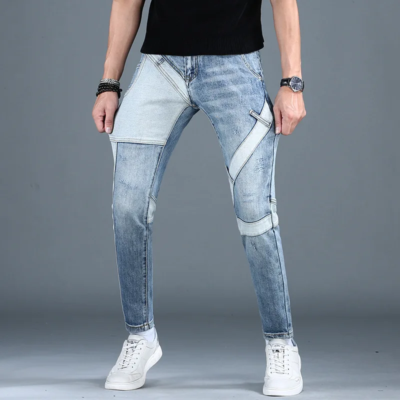 Street Fashion High-End Stitching Jeans Men's Autumn and Winter Slim Fit Skinny Cool Smart Casual Motorcycle Trousers