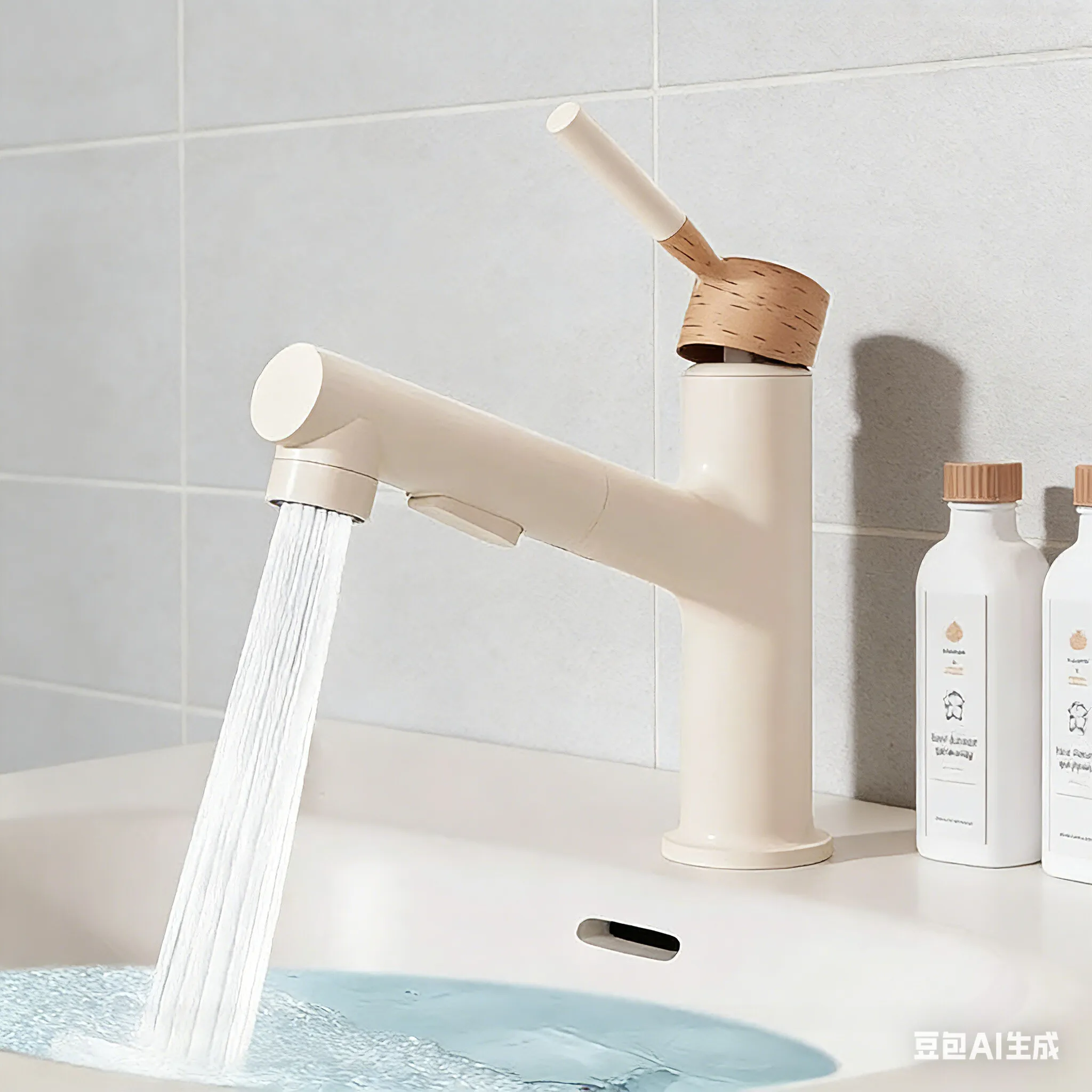 Cream-Style Wooden Pull-Out Bathroom Faucet - Hot & Cold Water for Washbasin & Vanity