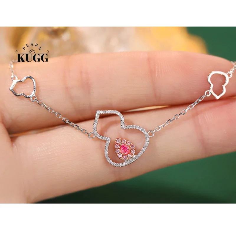 KUGG 100% 18K White Gold Bracelet Luck Gourd Design Real Natural Pink Diamond Bracelet for Women High Wedding Jewelry