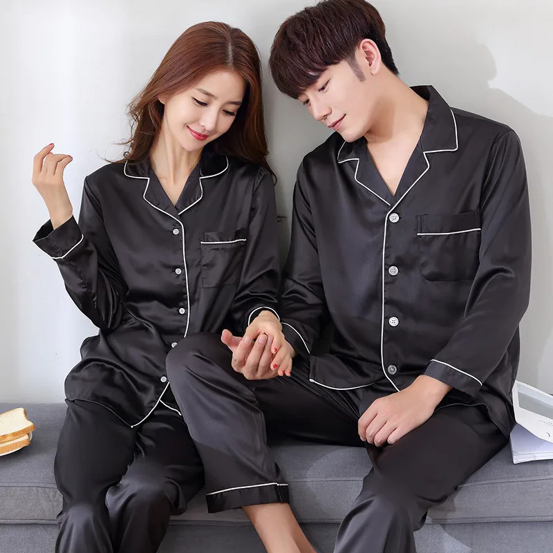 

2023 Long Button-Down Pyjamas Suit Solid Color Sleepwear Silk Satin Homewear Couple Set Women Men Loungewear Plus Size Nightwear