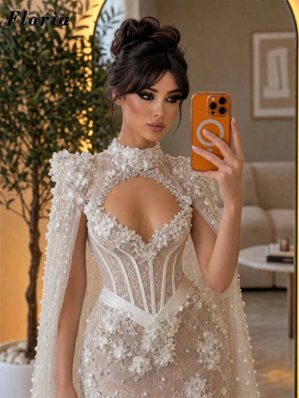 Luxury Ivory Beaded Evening Dresses Customized Pearls Floral Illusion Prom Dress Cape Sleeves Robes De Soiree Wedding Party Gown