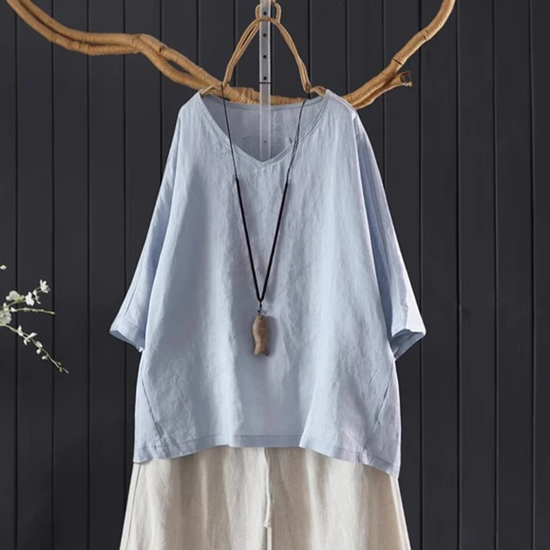 

100% Linen Women Casual T-shirts New Arrival 2025 Summer Vintage Style V-neck Solid Color Female Half Sleeve Tops Tees M1740