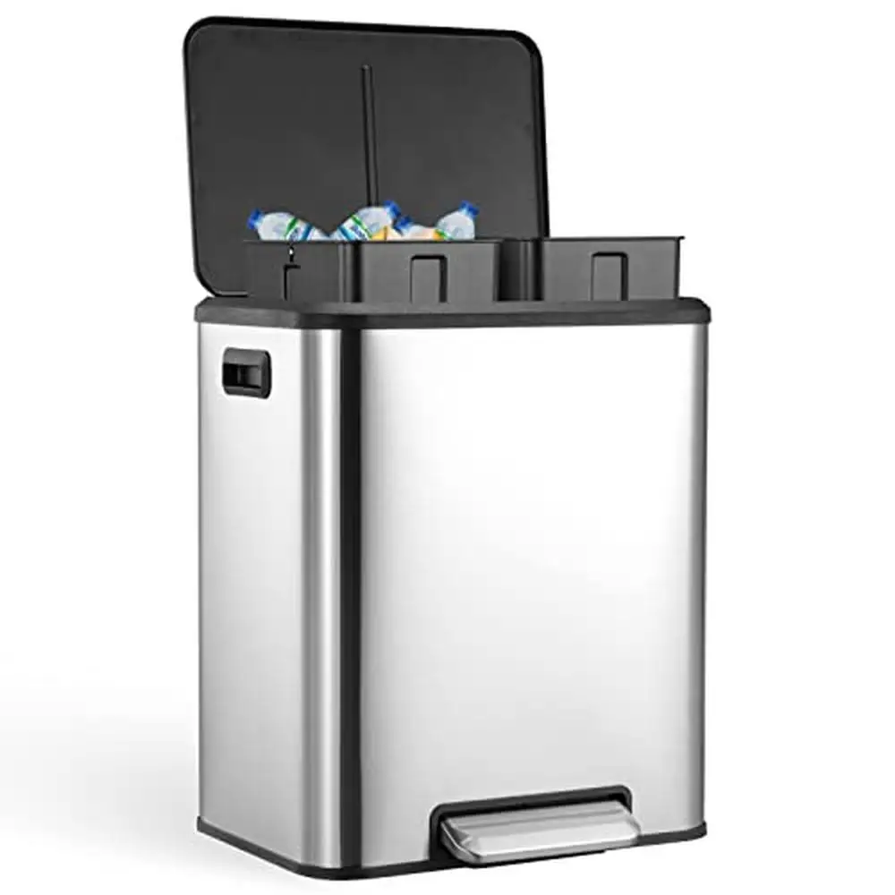 

Stainless Steel Dual Trash Can 8 Gallon Separate Recycling Bin 2x4 Gallon Hands-Free Operation Soft Close Lid Hygienic Kitchen