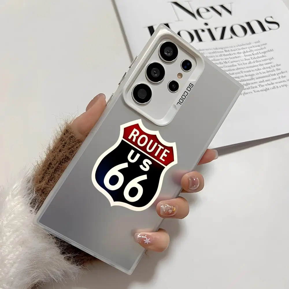 Funda de teléfono con logo de America Route 66 para Samsung Galaxy S25 Edge S24 S23 S22 S21 S20 Ultra Funda de silicona plateada
