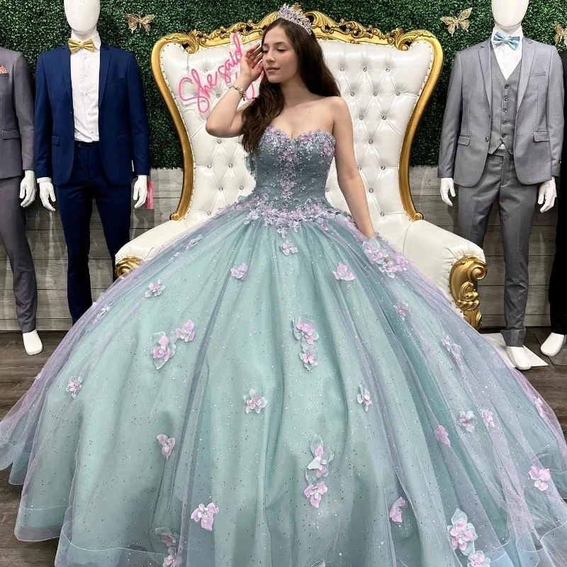 

Sexy Sweetheart Shiny Quinceanera Dress Ball Gown Off The Shoulder 3D Flowers Appliques Tull Beads Corset Sweet 15 Vestidos De