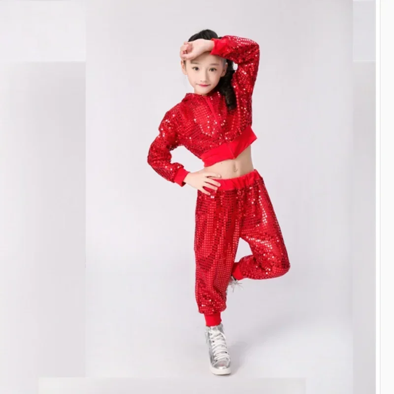 Kids Hip Hop Dance Costumes Children Girls Boys Modern Jazz Dancing Outfits Ballroom Party Sequined Dance Hoodie +Pants