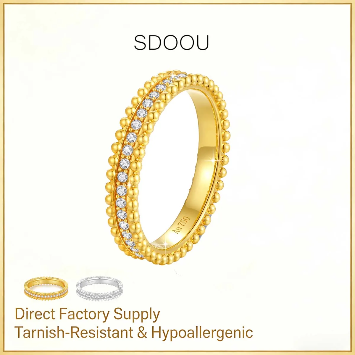 SDOOU Lightweight Hollow 18K Gold All Moissanite Ring with Certificate Everyday Wear Valentine's Day Jewelry Gift for her