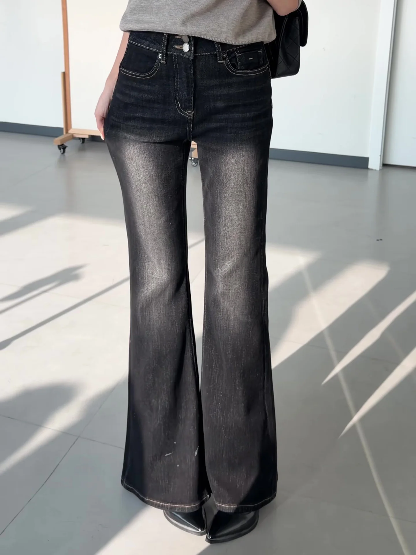 

High Waist Bell Bottom Denim Jeans Women's Spring New Style American Hot Girl Tummy Control Long Pants Slim Fit Cotton Stretch