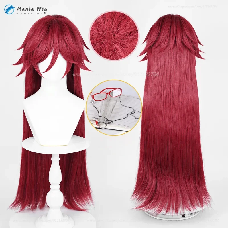 Grelle Sutcliff Parrucche Cosplay Anime 90 cm Parrucca lunga rosso scuro Capelli sintetici resistenti al calore Parrucche per giochi di ruolo di Halloween Protezione per parrucca