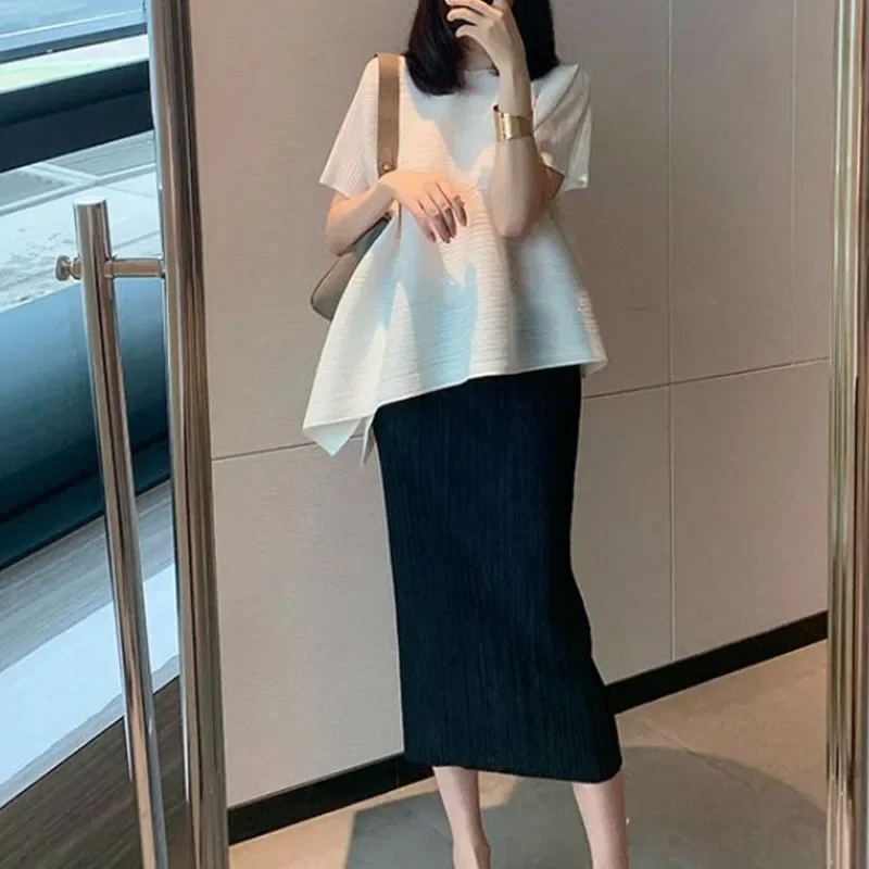 

Summer New Casual Fashion Pleated Irregular Loose All-match Short Sleeve T-shirt Tee Women Elegant White Pants Black Skirts L190