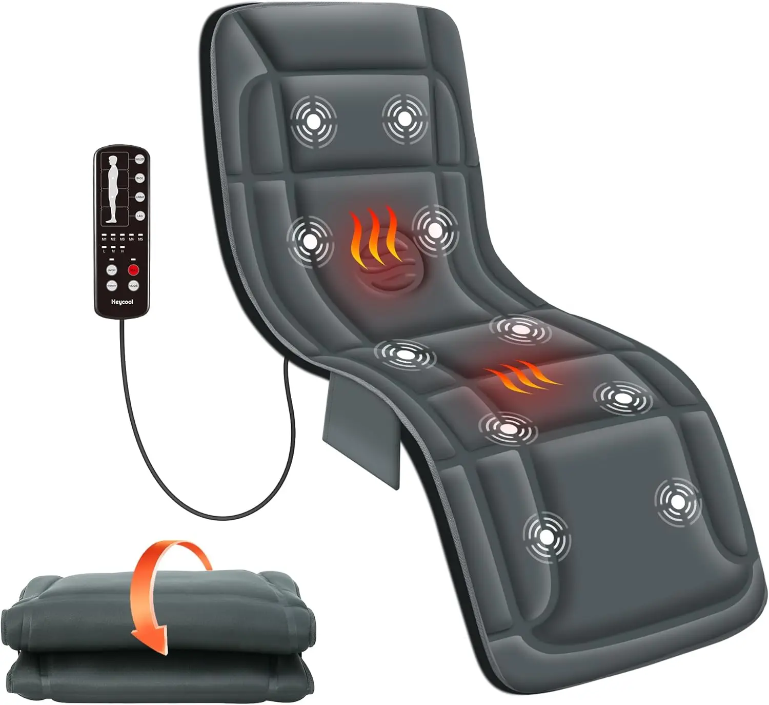 

Full Body Massage Mat with Heat & Vibration for Chair, Bed, Sofa - 10 Motors, 2 Heating Levels, 5 Programs, 3 Intensities, 57" Long, Foldable, Remote Control