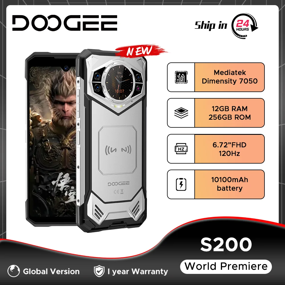 الإصدار العالمي DOOGEE S200 هاتف متين 5G 6.72 FHD + 120 هرتز 12 جيجابايت + 256 جيجابايت الأبعاد 7050 100 ميجابكسل كاميرا 10100 مللي أمبير 33 واط شحن أندرويد 14