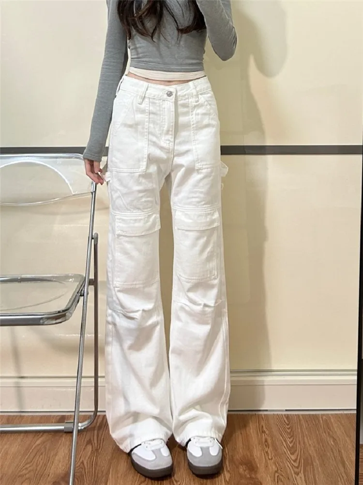 

American High Street Loose Women's Workwear Jeans Multi-Pocket Extended Straight Leg Trousers Slimming Effect for Tall Women