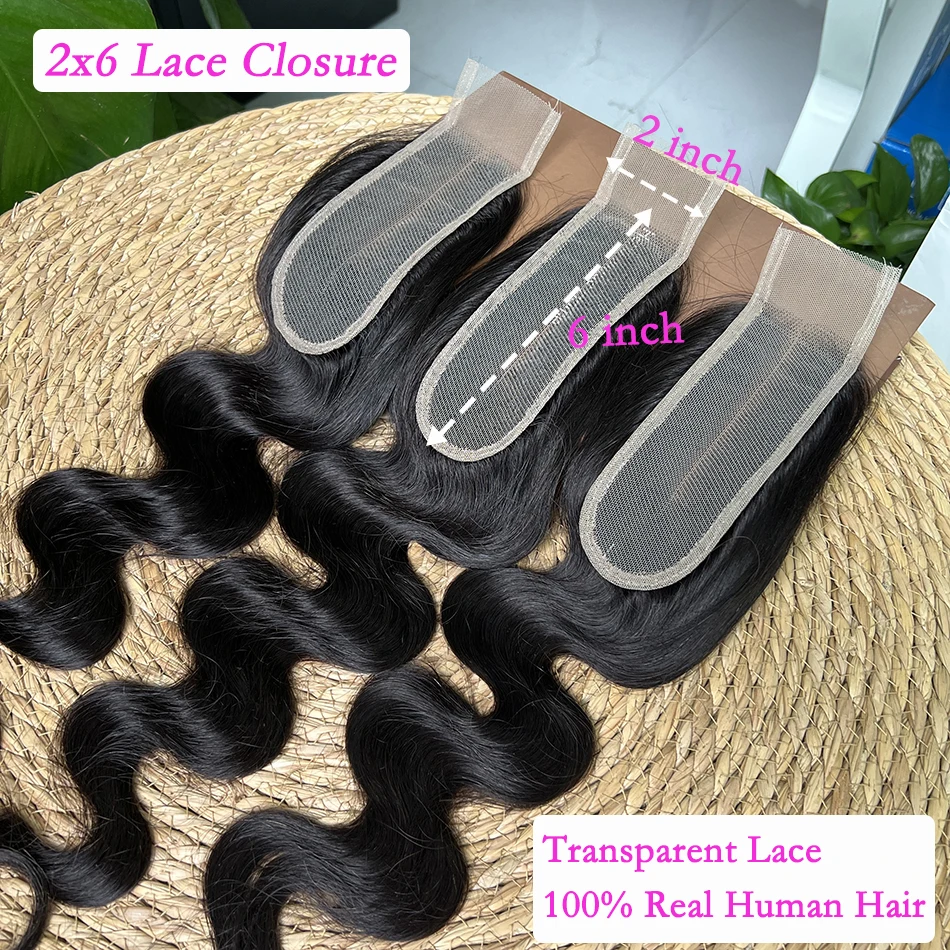 Body Wave 2x6 Transparent Lace Closure 100% Human Hair Preplucked Bleached Knots Middle Part Swiss Lace Natural Color For Women