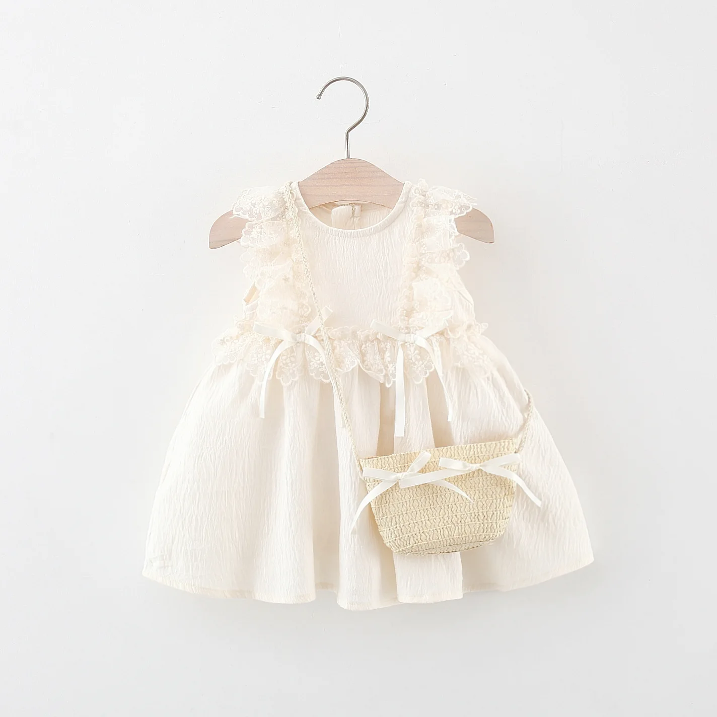 Summer 2/Piece Girl Baby Dress Bag Girl Baby Bow Lace Decoration Solid Color Sleeveless Beach Princess Dress