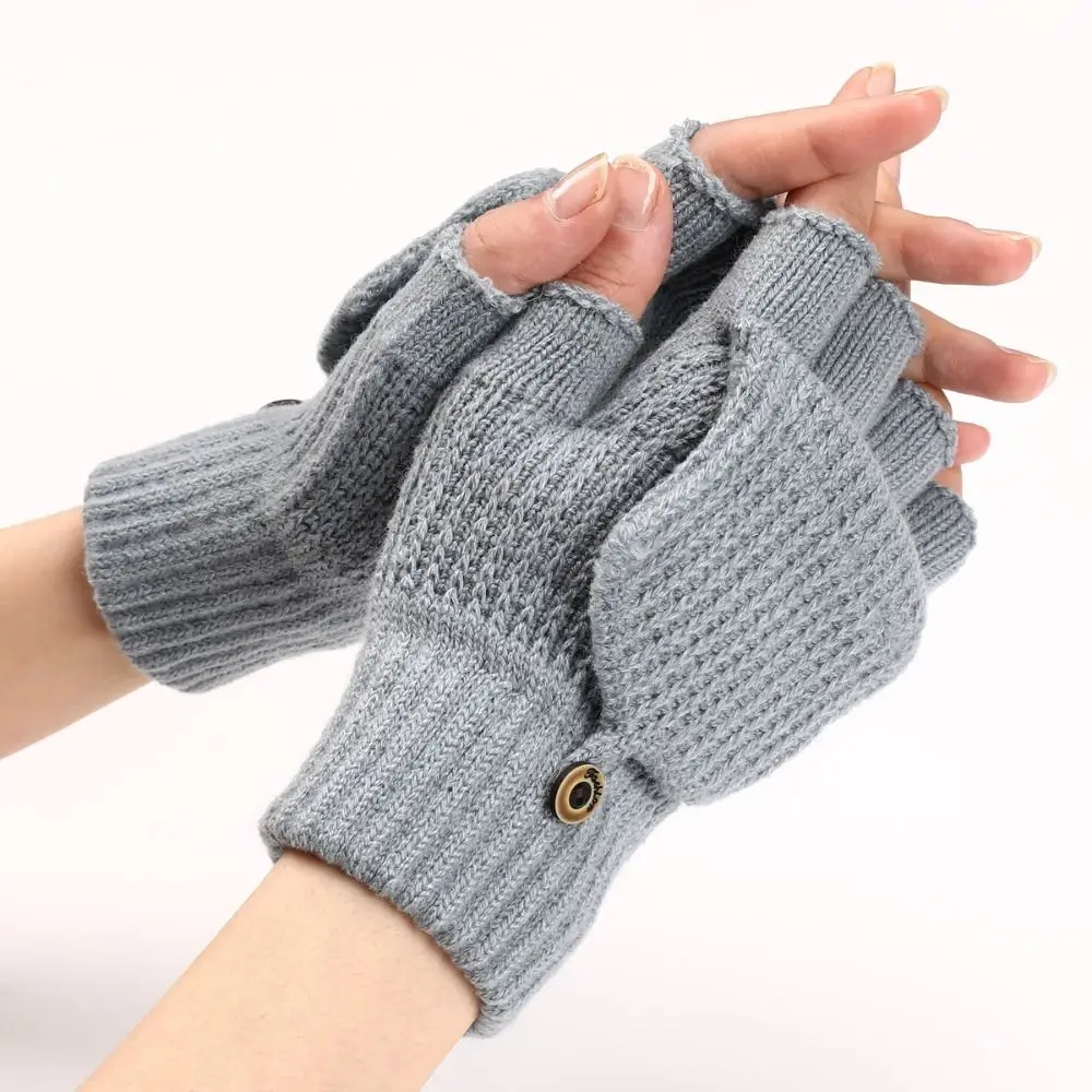 1 Pair Classic Solid Color Knitted Thicken Flip Cover Gloves Soft Crochet Fingerless Mittens Warm Winter Exposed Mittens