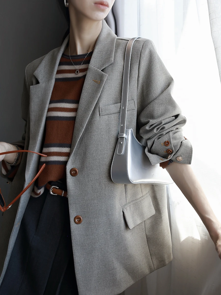 

Warmo2025 Autumn New Retro Mixed Color Gun Belted ape Women's Casual oulder Padded Suit Jaet Stand Fit Daily Wear Po...