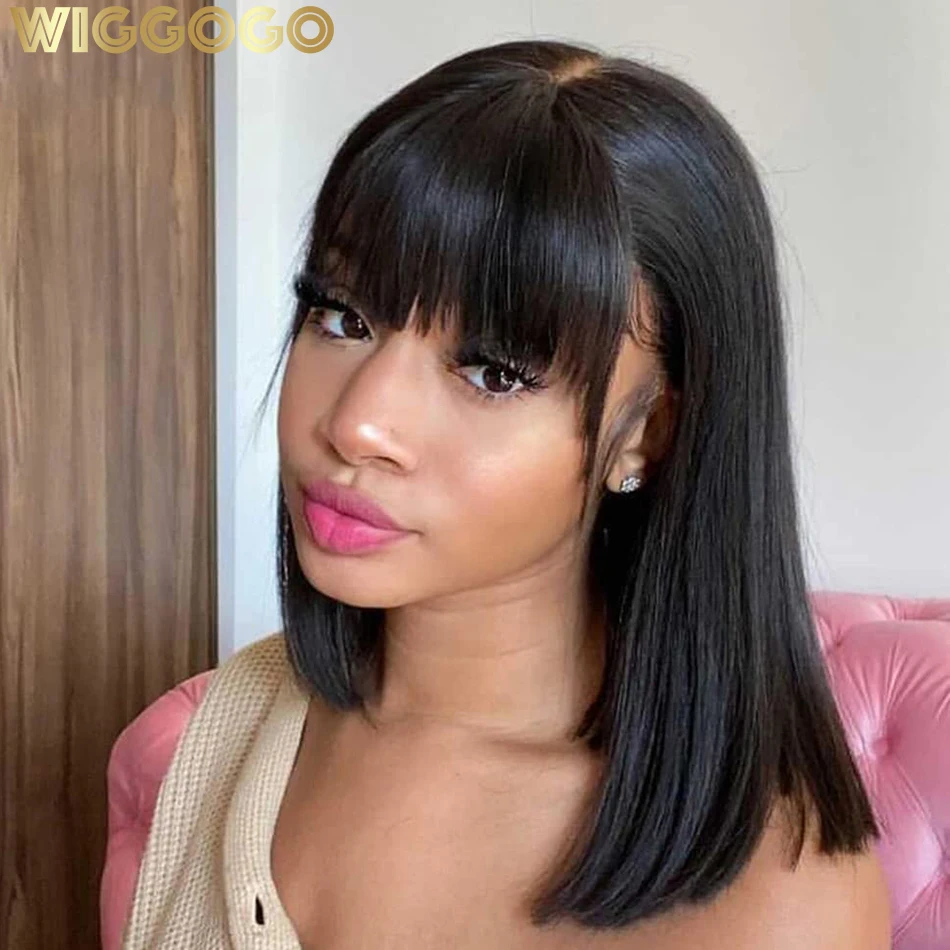 Wiggogo 3X1 Middle Part Lace Wig Bob Wigs Full Machine Made Bone Straight Human Hair Wigs With Bangs Short Bob Human Hair Wigs